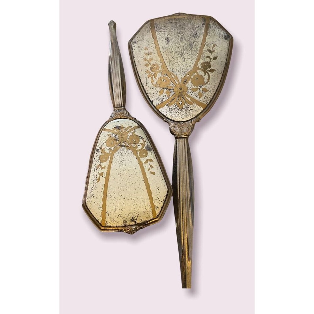 Art Deco gold tone floral stripe vanity hand mirror & Brush Vintage Vanity